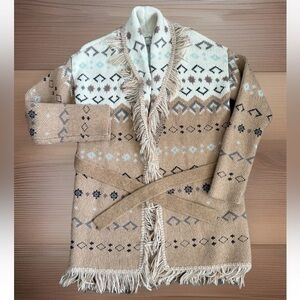 LUCKY BRAND Women’s Tan Aztec Southwestern Belted Fringe Cardigan Size XS